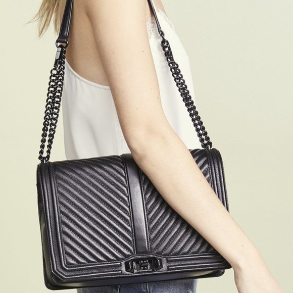 NWT Rebecca Minkoff Chevron Jumbo Quilted Leather Shoulder Bag BLACK BLACK AUTH! - Picture 3 of 14